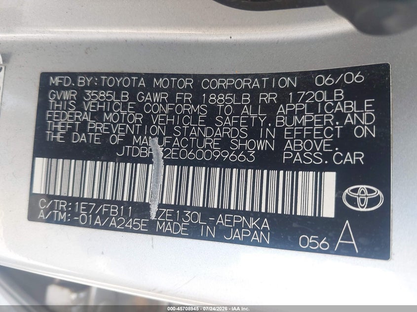 2006 Toyota Corolla VIN JTDBR32E060099663 IAAI salvage auction — NORMAL WEAR, Original (Vermont), sold $975 on 2026-07-31 (photo 9)