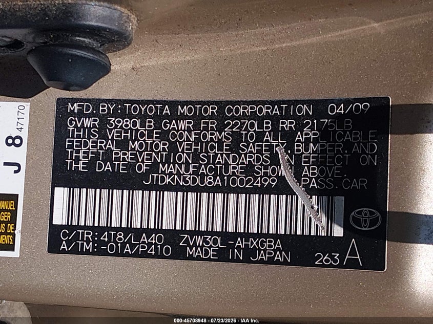 2010 Toyota Prius VIN JTDKN3DU8A1002499 IAAI salvage auction — NORMAL WEAR, Clear (Virginia), sold $25 on 2026-07-29 (photo 9)