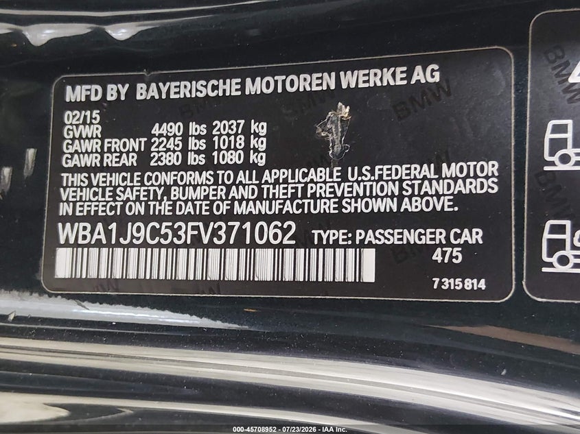 2015 BMW 2er VIN WBA1J9C53FV371062 IAAI salvage auction — FRONT END, Wait Title, sold $8,350 on 2026-08-19 (photo 9)