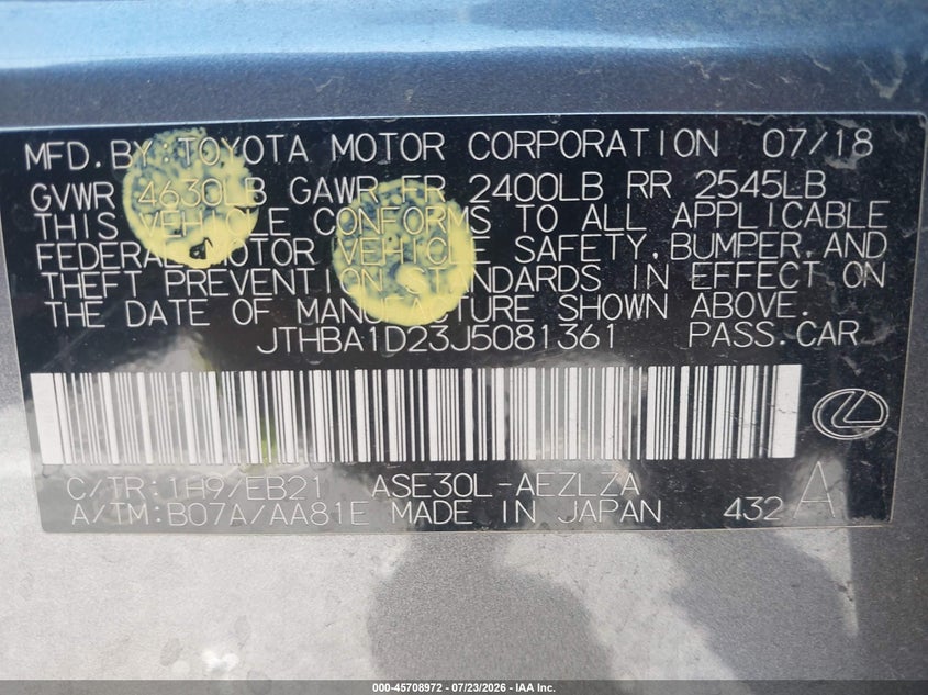 2018 Lexus Is VIN JTHBA1D23J5081361 IAAI salvage auction — REAR END, Salvage (California), sold $5,500 on 2026-08-31 (photo 9)