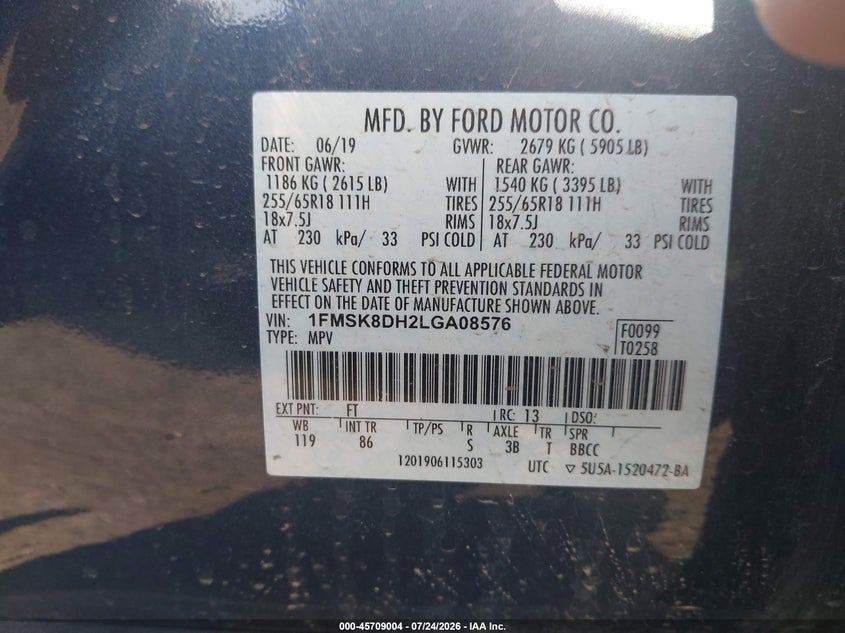 2020 Ford Explorer VIN 1FMSK8DH2LGA08576 IAAI salvage auction — FRONT & REAR, Salvage Title, sold $6,100 on 2026-07-31 (photo 9)