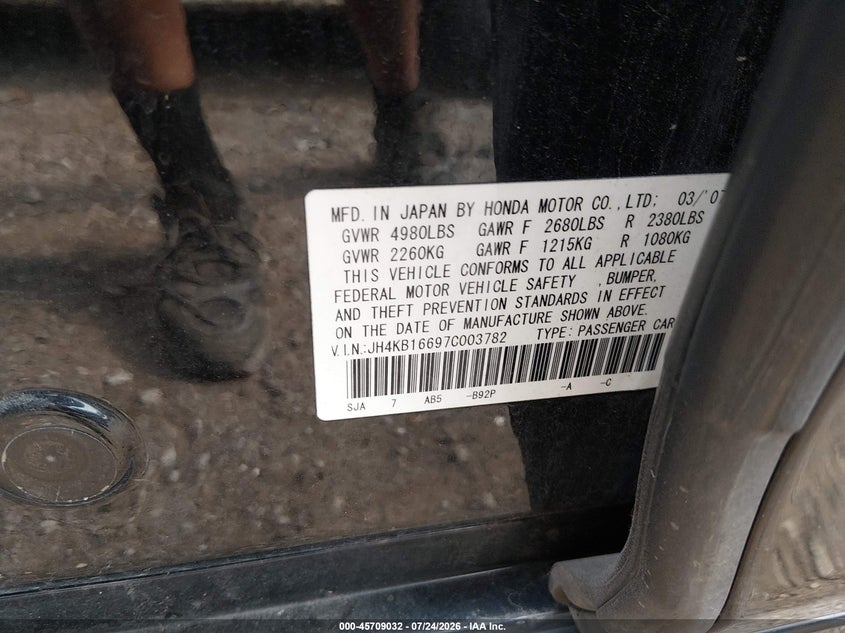 2007 Acura Rl VIN JH4KB16697C003782 IAAI salvage auction — LEFT SIDE, Salvage (Illinois), sold $525 on 2026-09-16 (photo 9)