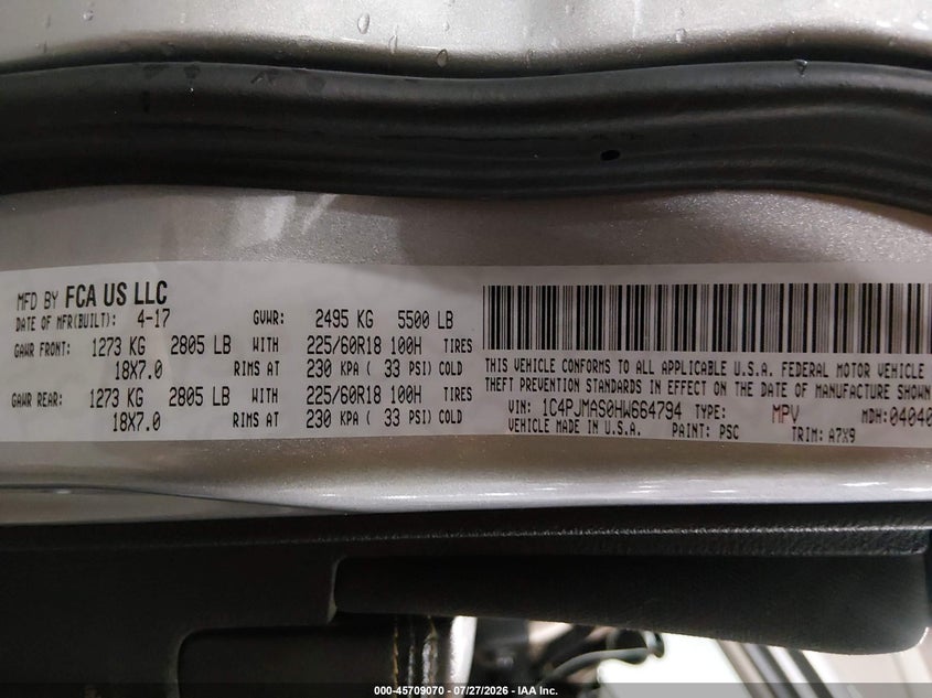 2017 Jeep Cherokee VIN 1C4PJMAS0HW664794 IAAI salvage auction — FRONT END, Salvage (Iowa), sold $1,525 on 2026-09-09 (photo 9)