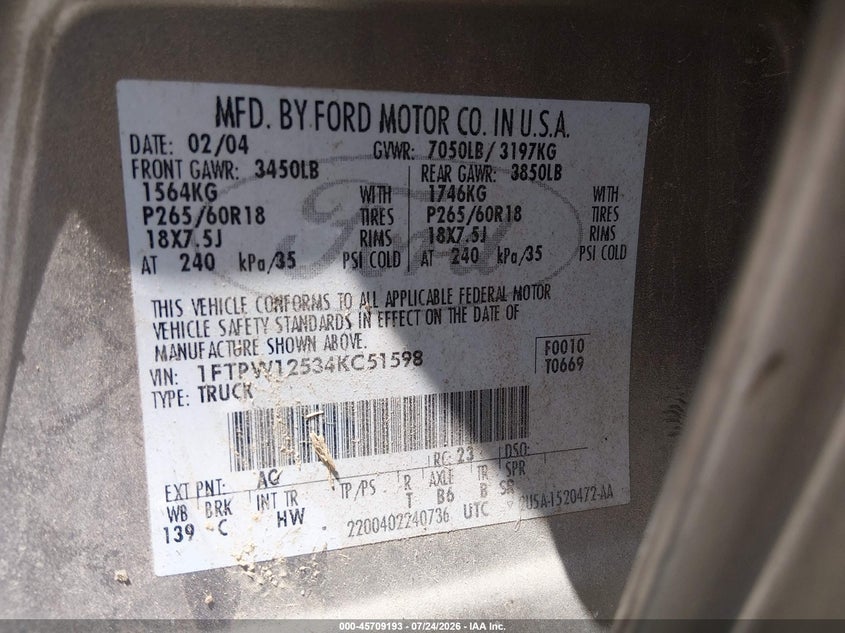 2004 Ford F-150 VIN 1FTPW12534KC51598 IAAI salvage auction — NORMAL WEAR, Clear (Arkansas), sold $1,150 on 2026-08-01 (photo 9)