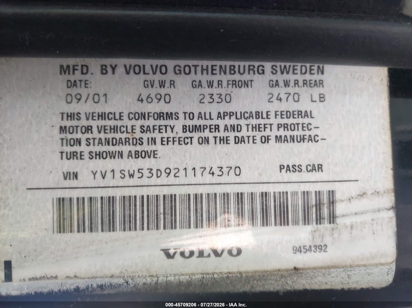 2002 Volvo V70 VIN YV1SW53D921174370 IAAI salvage auction — NORMAL WEAR, Clear (New York), sold $25 on 2026-07-30 (photo 9)