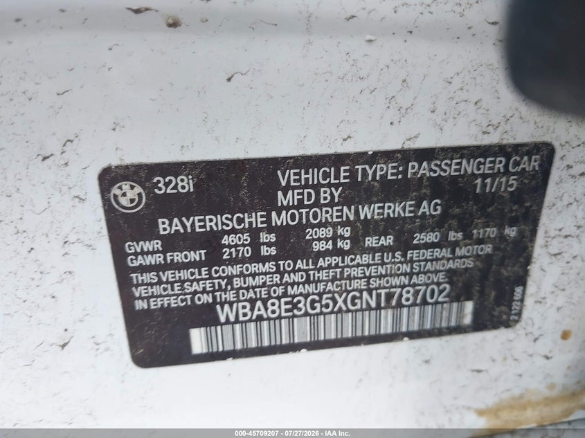 2016 BMW 3er VIN WBA8E3G5XGNT78702 IAAI salvage auction — FRONT END, Clear (Massachusetts), sold $4,650 on 2026-08-07 (photo 9)