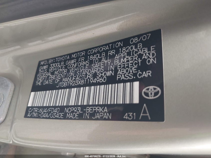 2008 Toyota Yaris VIN JTDBT923X81194960 IAAI salvage auction — NORMAL WEAR, Clear (Georgia), sold $525 on 2026-07-29 (photo 9)