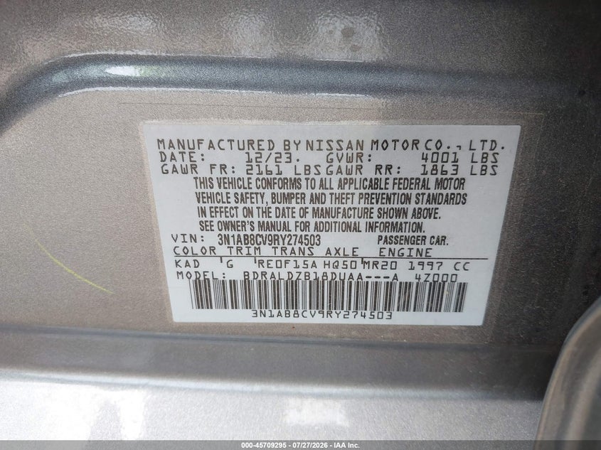 2024 Nissan Sentra VIN 3N1AB8CV9RY274503 IAAI salvage auction — REAR END, Salvage (Indiana), sold $4,150 on 2026-09-11 (photo 9)