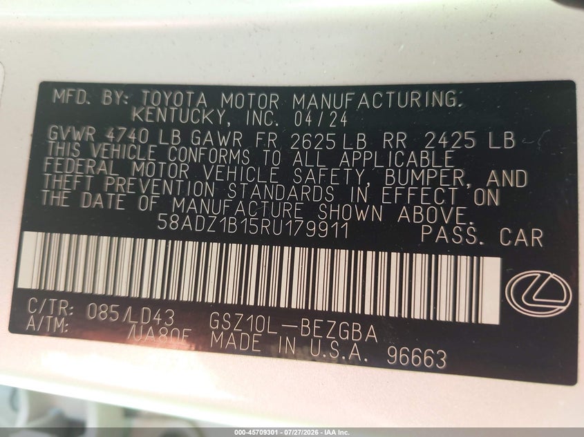 2024 Lexus ES VIN 58ADZ1B15RU179911 IAAI salvage auction — FRONT & REAR, Wait Title, sold $14,950 on 2026-08-24 (photo 9)