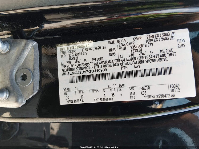 2016 Lincoln Mkc VIN 5LMCJ2D97GUJ10909 IAAI salvage auction — FRONT END, Wait Title, sold $975 on 2026-09-03 (photo 9)