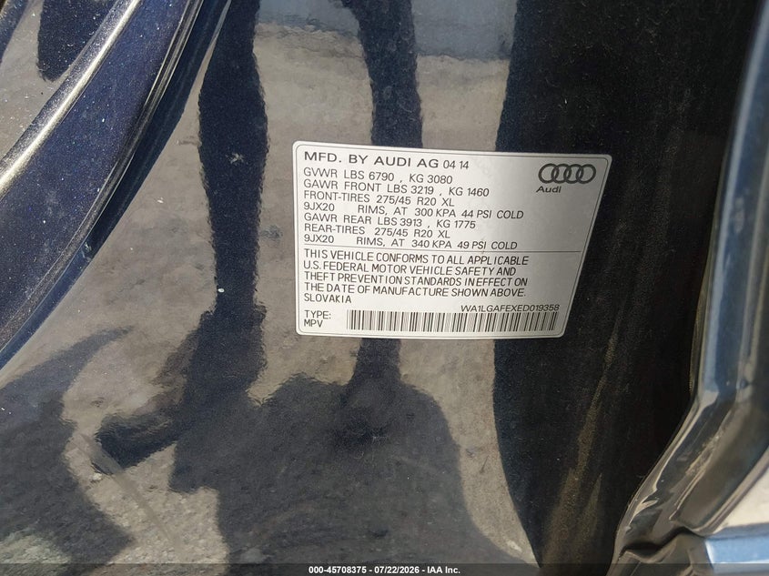 2014 Audi Q7 VIN WA1LGAFEXED019358 IAAI salvage auction — UNKNOWN, Clear (Michigan), sold $25 on 2026-07-29 (photo 9)