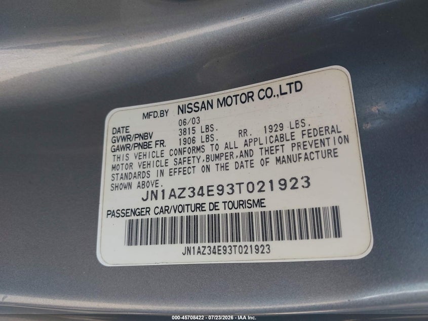 2003 Nissan 350z VIN JN1AZ34E93T021923 IAAI salvage auction — NORMAL WEAR, Clear (Delaware), sold $725 on 2026-07-30 (photo 9)
