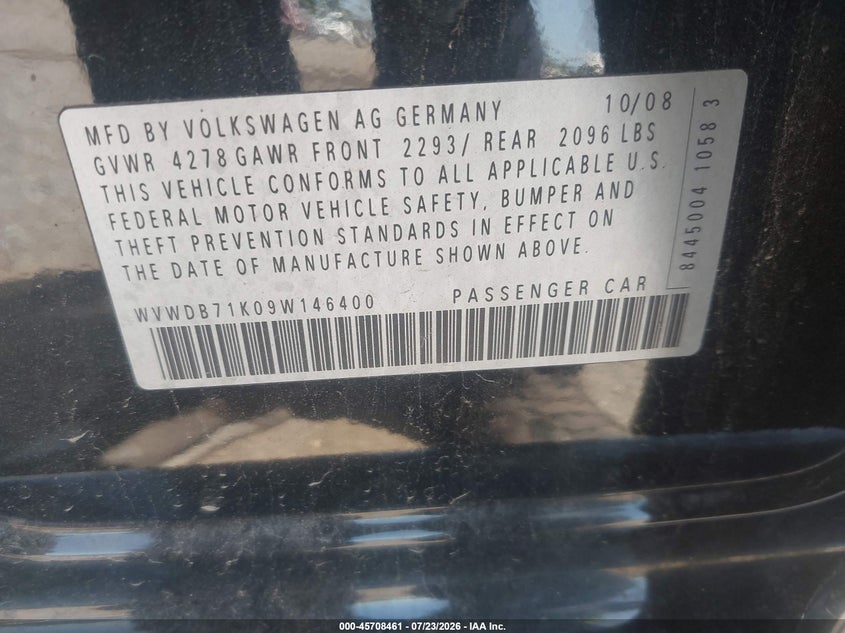 2009 Volkswagen Golf VIN WVWDB71K09W146400 IAAI salvage auction — FRONT END, Salvage (Pennsylvania), sold $25 on 2026-08-14 (photo 9)