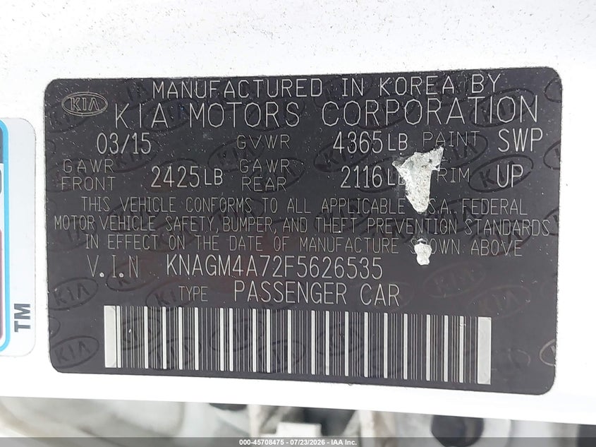 2015 Kia Optima VIN KNAGM4A72F5626535 IAAI salvage auction — LEFT FRONT, Salvage (North Carolina), sold $1,200 on 2026-09-07 (photo 9)