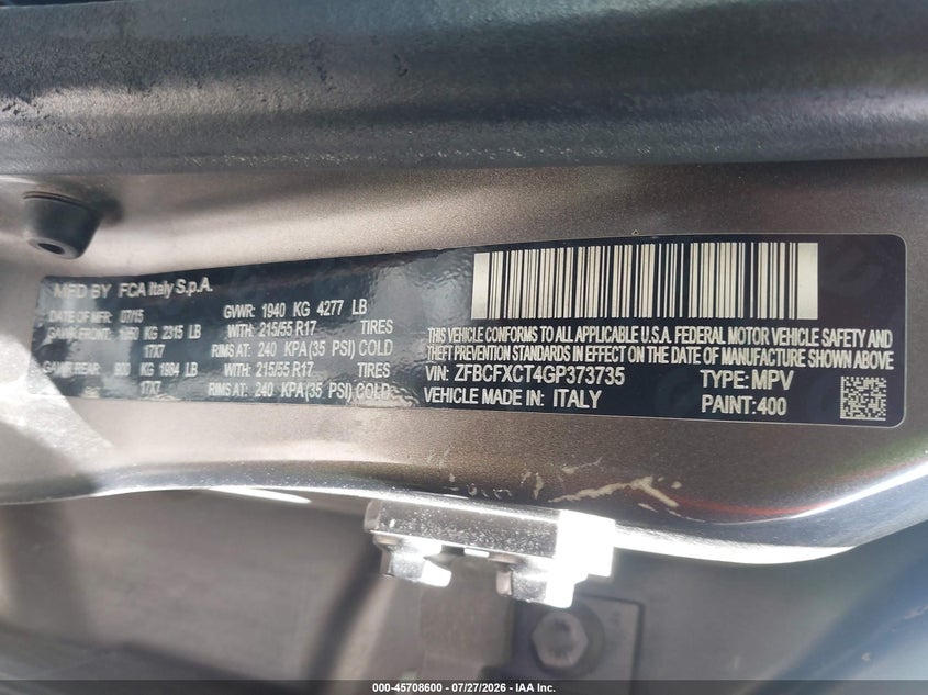 2016 Fiat 500x VIN ZFBCFXCT4GP373735 IAAI salvage auction — REAR END, Salvage (Texas), sold $600 on 2026-08-03 (photo 9)