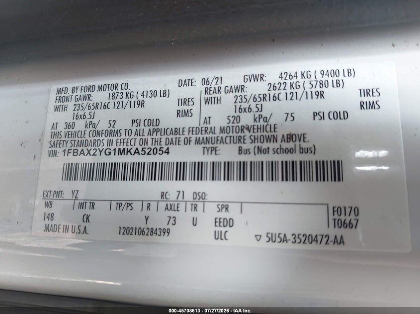 2021 Ford Transit VIN 1FBAX2YG1MKA52054 IAAI salvage auction — RIGHT SIDE, Wait Title, sold $7,600 on 2026-09-09 (photo 9)