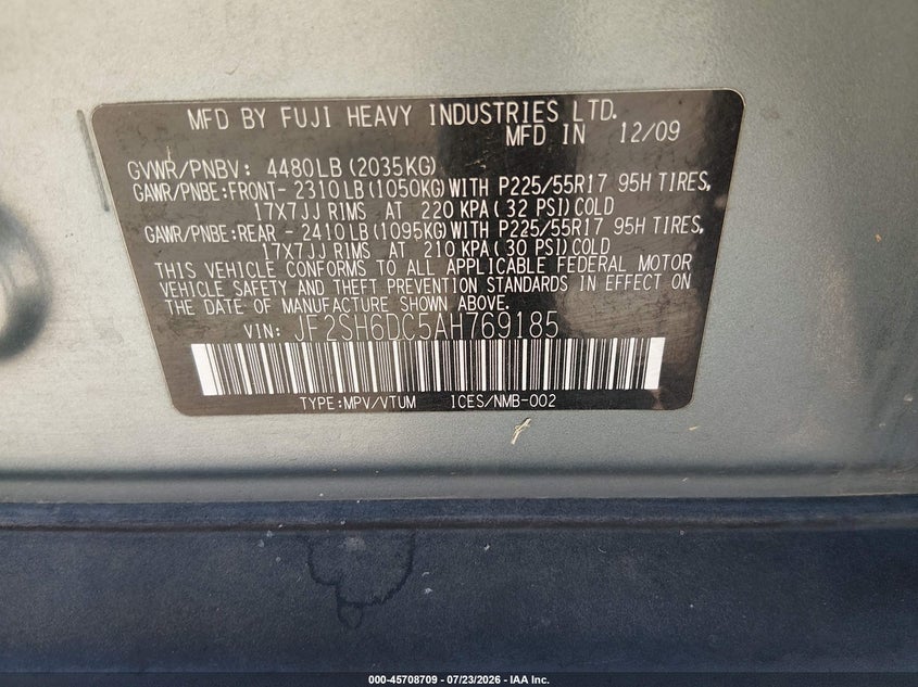 2010 Subaru Forester VIN JF2SH6DC5AH769185 IAAI salvage auction — NORMAL WEAR, Clear - Dealer Only (California), sold $25 on 2026-07-28 (photo 9)