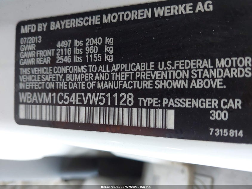 2014 BMW X1 VIN WBAVM1C54EVW51128 IAAI salvage auction — FRONT END, Salvage (California), sold $700 on 2026-08-01 (photo 9)