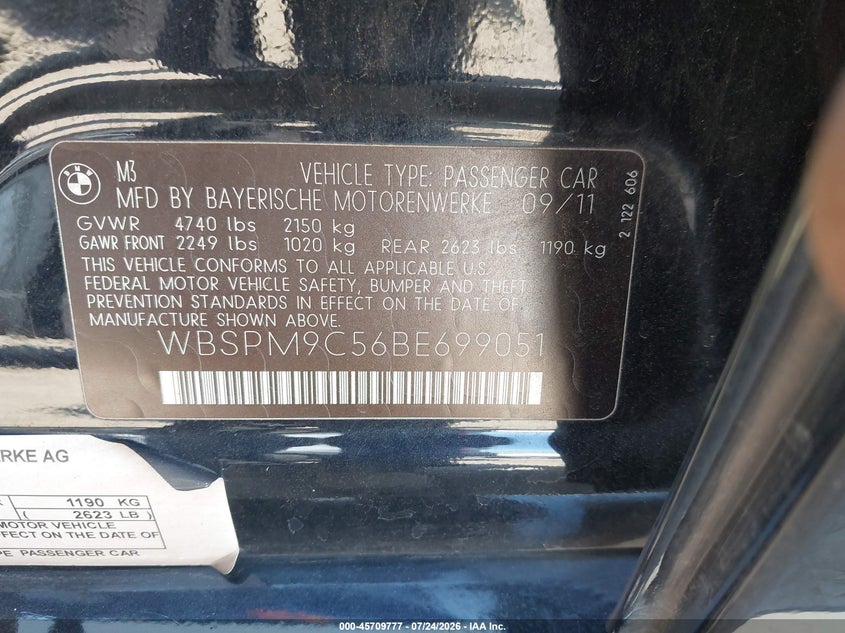 2011 BMW M3 VIN WBSPM9C56BE699051 IAAI salvage auction — REAR END, Salvage (California), sold $12,600 on 2026-08-29 (photo 9)