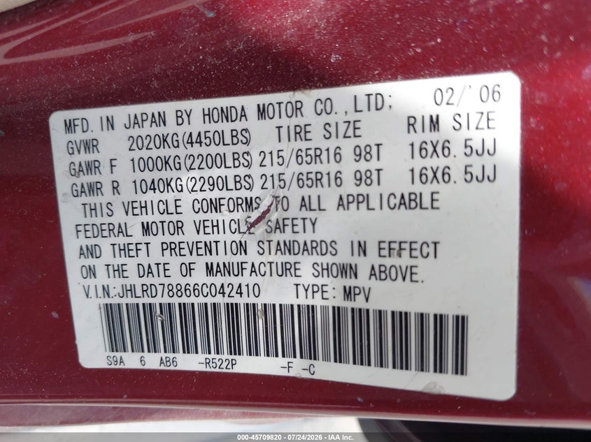 2006 Honda Cr-v VIN JHLRD78866C042410 IAAI salvage auction — NORMAL WEAR, Clear (Utah), sold $25 on 2026-07-30 (photo 9)