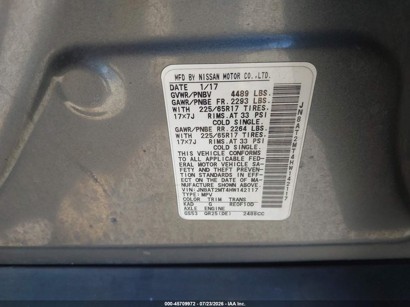2017 Nissan Rogue VIN JN8AT2MT4HW142117 IAAI salvage auction — FRONT END, Clear - Dealer Only (California), sold $800 on 2026-07-30 (photo 9)