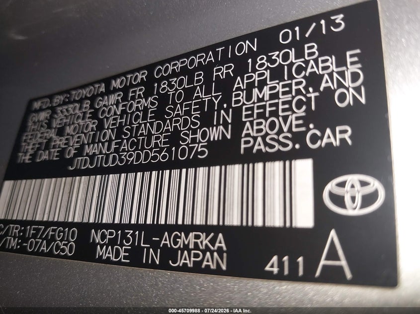 2013 Toyota Yaris VIN JTDJTUD39DD561075 IAAI salvage auction — UNKNOWN, Salvage (Arizona), sold $25 on 2026-07-31 (photo 9)
