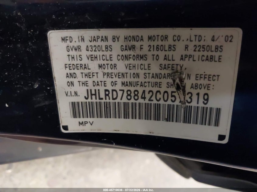 2002 Honda Cr-v VIN JHLRD78842C057319 IAAI salvage auction — NORMAL WEAR, Clear-Dealer Only (Oregon), sold $125 on 2026-07-30 (photo 9)