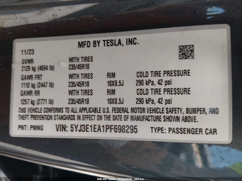 2023 Tesla Model 3 VIN 5YJ3E1EA1PF698295 IAAI salvage auction — FRONT END, Salvage (Mississippi), sold $8,950 on 2026-09-02 (photo 9)