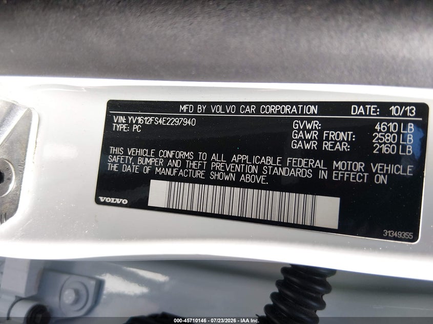2014 Volvo S60 VIN YV1612FS4E2297940 IAAI salvage auction — NORMAL WEAR, Clear (California), sold $375 on 2026-07-31 (photo 9)