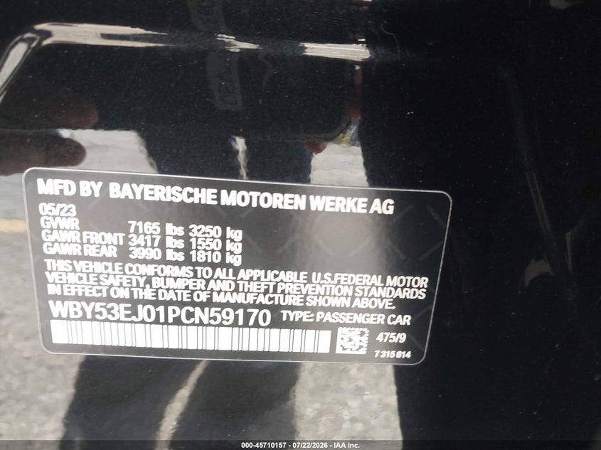 2023 BMW I7 VIN WBY53EJ01PCN59170 IAAI salvage auction — UNKNOWN, Salvage Title, sold $45,100 on 2026-08-03 (photo 9)