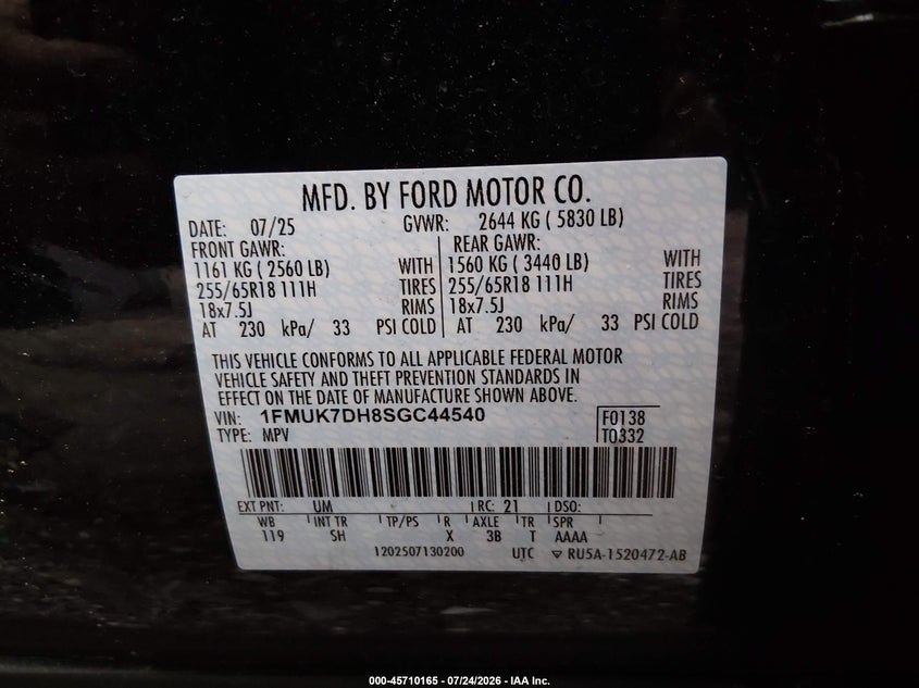 2025 Ford Explorer VIN 1FMUK7DH8SGC44540 IAAI salvage auction — REAR END, Wait Title, sold $15,900 on 2026-08-28 (photo 9)