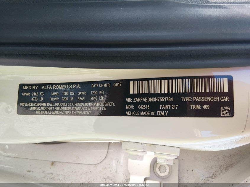 2017 Alfa romeo Giulia VIN ZARFAEDN3H7551784 IAAI salvage auction — FRONT END, Clear (Maryland), sold $1,000 on 2026-08-01 (photo 9)