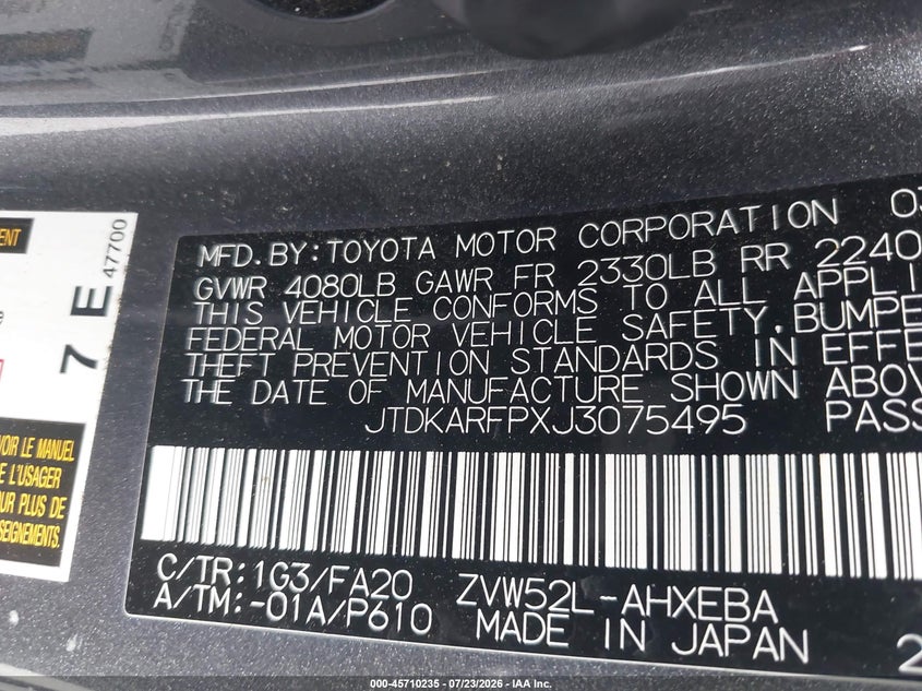 2018 Toyota Prius prime VIN JTDKARFPXJ3075495 IAAI salvage auction — NORMAL WEAR, Clear - Dealer Only (California), sold $7,450 on 2026-08-10 (photo 9)