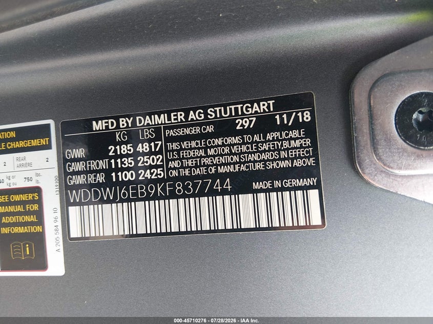 2019 Mercedes-benz VIN WDDWJ6EB9KF837744 IAAI salvage auction — ROOF, Clear (Mississippi), sold $8,800 on 2026-08-04 (photo 9)