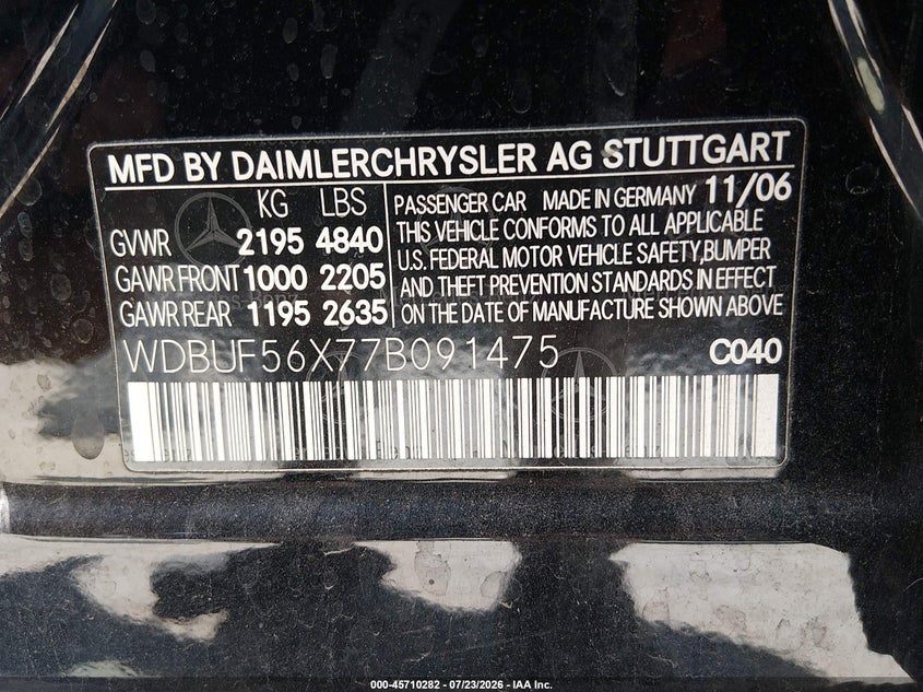 2007 Mercedes-benz E-class VIN WDBUF56X77B091475 IAAI salvage auction — LEFT FRONT, Salvage (California), sold $800 on 2026-08-18 (photo 9)