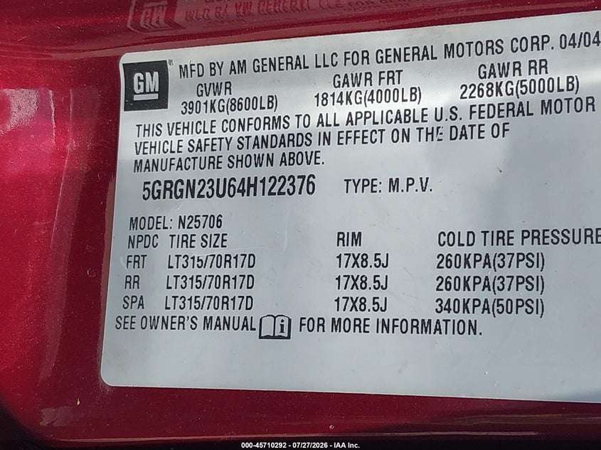 2004 Hummer H2 VIN 5GRGN23U64H122376 IAAI salvage auction — REAR END, Salvage (Texas), sold $3,900 on 2026-10-10 (photo 9)