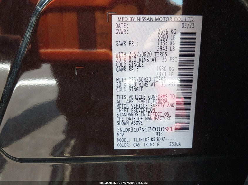 2022 Nissan Pathfinder VIN 5N1DR3CD7NC200091 IAAI salvage auction — FRONT END, Wait Title, sold $8,400 on 2026-08-23 (photo 9)