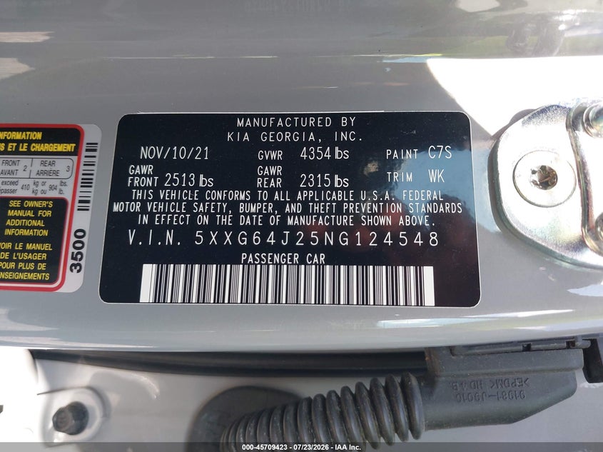 2022 Kia K5 VIN 5XXG64J25NG124548 IAAI salvage auction — FRONT END, Clear (California), sold $2,700 on 2026-07-30 (photo 9)