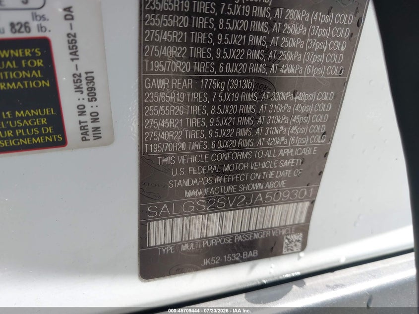 2018 Land rover RANGE ROVER VIN SALGS2SV2JA509301 IAAI salvage auction — NORMAL WEAR, Clear - Dealer Only (California), sold $11,600 on 2026-08-19 (photo 9)