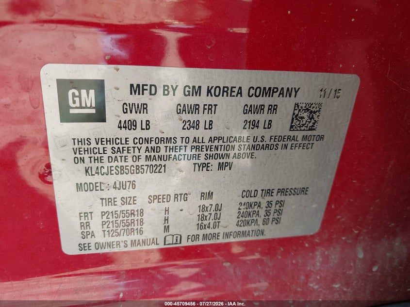 2016 Buick Encore VIN KL4CJESB5GB570221 IAAI salvage auction — LEFT FRONT, Clear (Massachusetts), sold $1,200 on 2026-08-01 (photo 9)