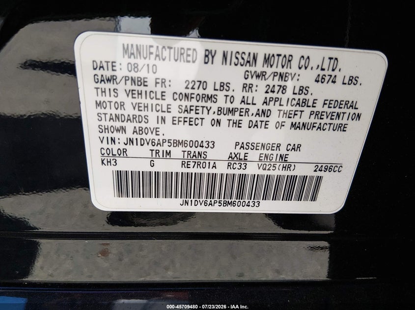 2011 Infiniti G25 VIN JN1DV6AP5BM600433 IAAI salvage auction — RIGHT FRONT, Salvage (California), sold $1,300 on 2026-08-03 (photo 9)