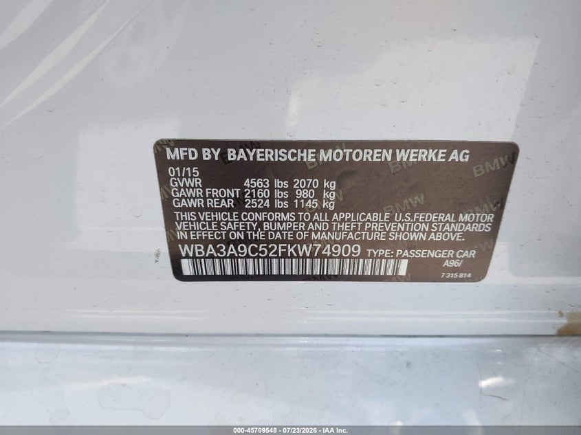 2015 BMW 3er VIN WBA3A9C52FKW74909 IAAI salvage auction — FRONT END, Salvage Title, sold $5,050 on 2026-08-06 (photo 9)