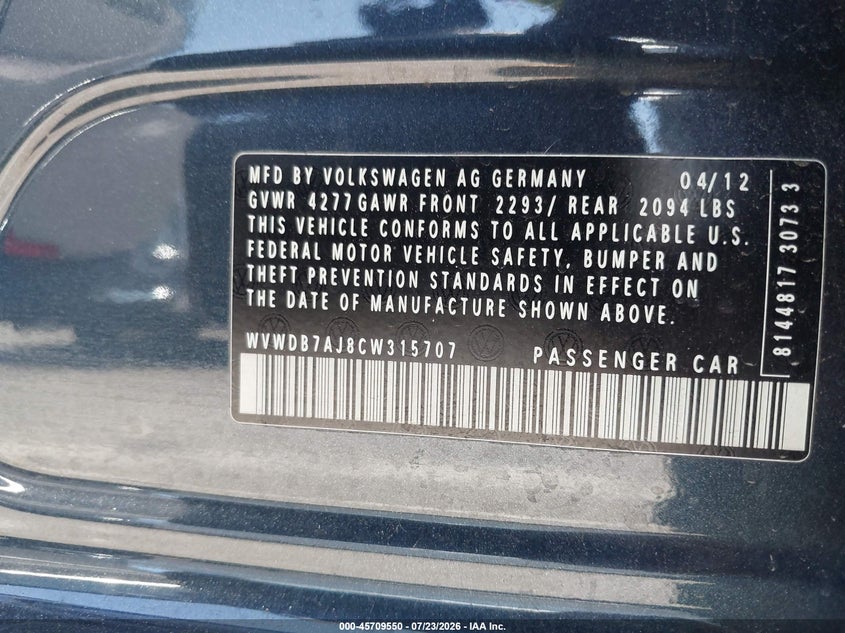 2012 Volkswagen Golf VIN WVWDB7AJ8CW315707 IAAI salvage auction — FRONT END, Salvage (California), sold $725 on 2026-08-06 (photo 9)
