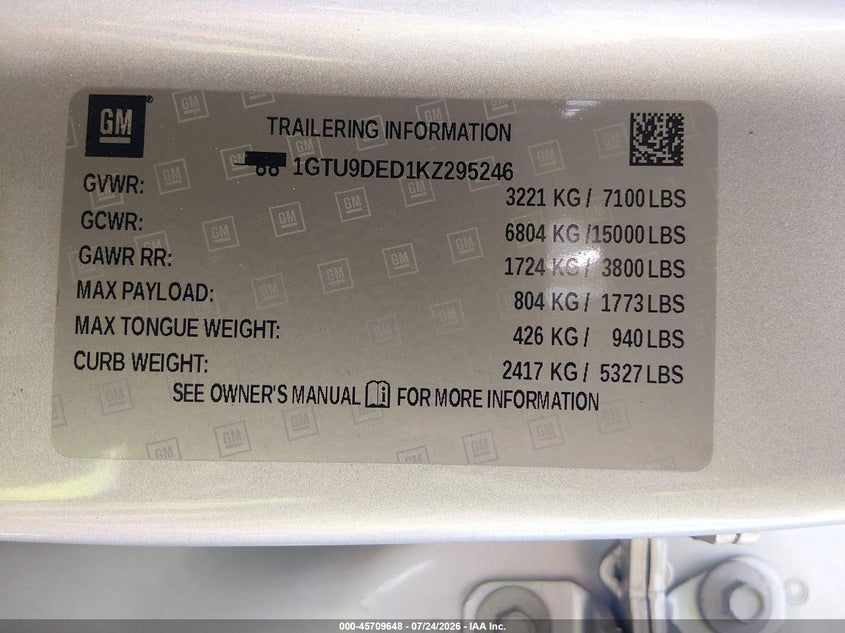 2019 Gmc Sierra 1500 VIN 1GTU9DED1KZ295246 IAAI salvage auction — NORMAL WEAR, Original (Texas), sold $15,850 on 2026-08-19 (photo 9)