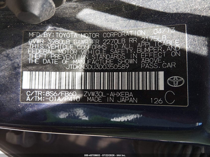 2013 Toyota Prius VIN JTDKN3DU3D0350589 IAAI salvage auction — NORMAL WEAR, Regular (Nevada), sold $25 on 2026-07-28 (photo 9)