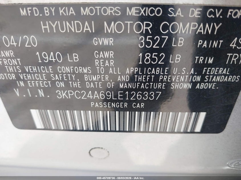 2020 Hyundai Accent VIN 3KPC24A69LE126337 IAAI salvage auction — REAR END, Salvage Title, sold $2,200 on 2026-09-07 (photo 9)