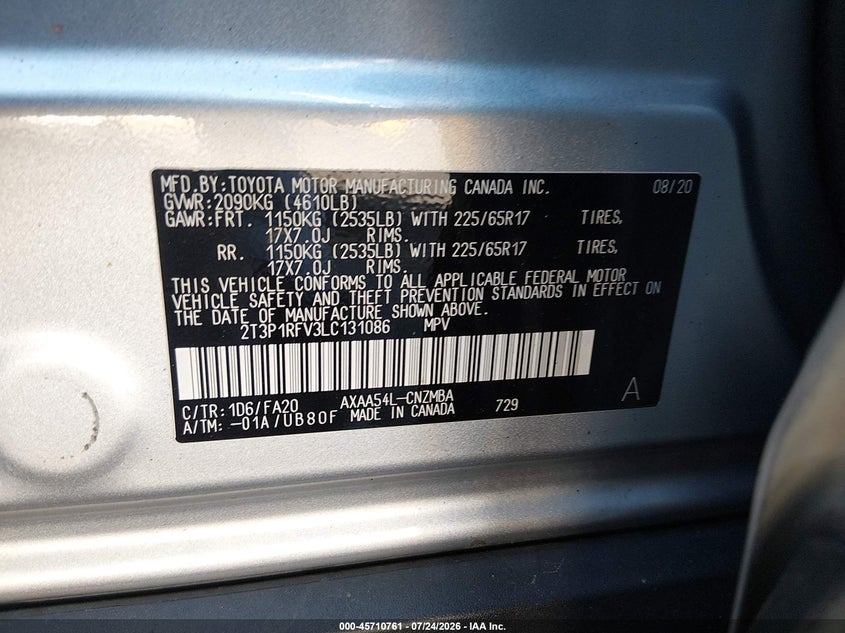 2020 Toyota Rav 4 VIN 2T3P1RFV3LC131086 IAAI salvage auction — FRONT END, Wait Title, sold $9,000 on 2026-08-22 (photo 9)