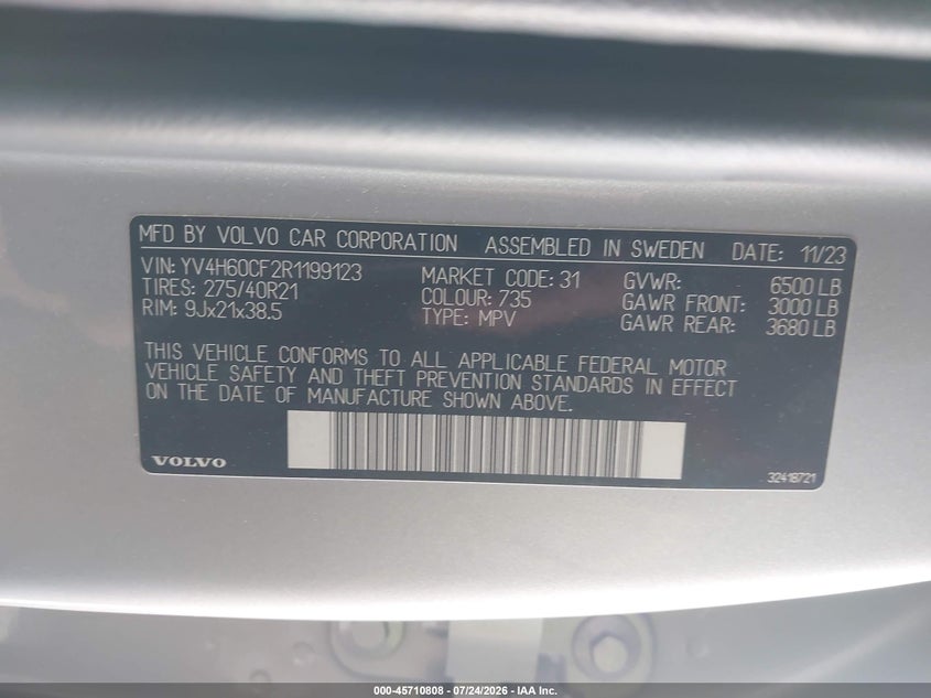 2024 Volvo Xc90 VIN YV4H60CF2R1199123 IAAI salvage auction — FRONT END, Wait Title, sold $26,150 on 2026-09-21 (photo 9)