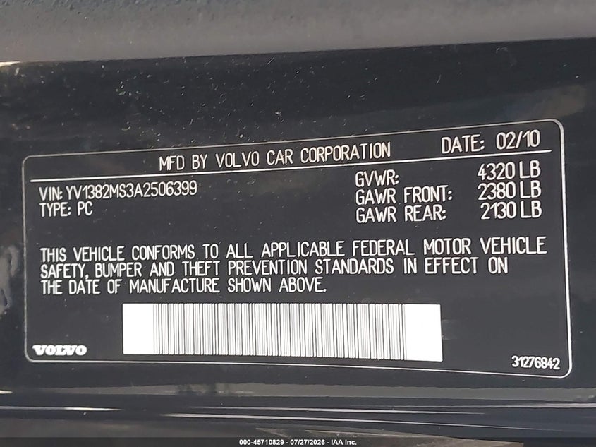 2010 Volvo S40 VIN YV1382MS3A2506399 IAAI salvage auction — NORMAL WEAR, Clear (Washington), sold $1,150 on 2026-08-19 (photo 9)
