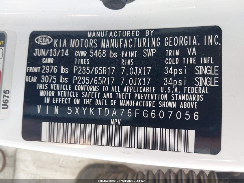 2015 Kia Sorento VIN 5XYKTDA76FG607056 IAAI salvage auction — NORMAL WEAR, Rebuilt/Restored (Utah), sold $25 on 2026-07-30 (photo 9)